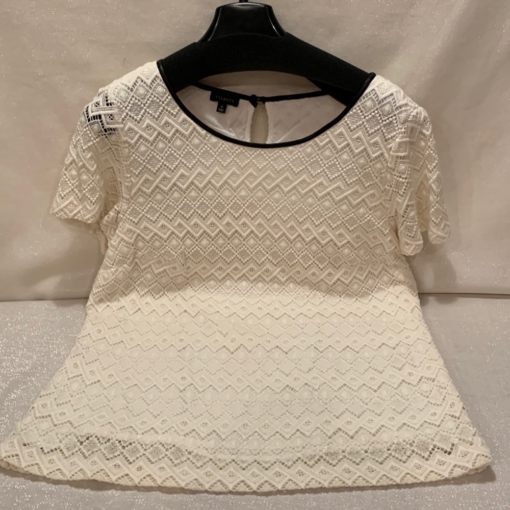 Talbots Cream Lace Blouse with Black leather trim. Size 16